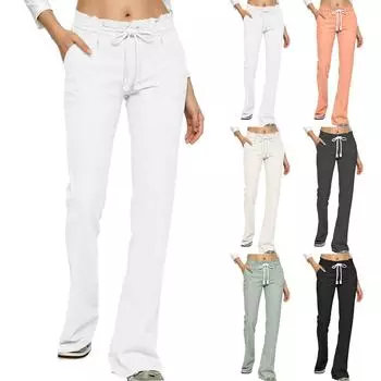 Льняные брюки для женщин, повседневные, однотонные, с эластичной резинкой на талии, длинные прямые брюки L бежевый