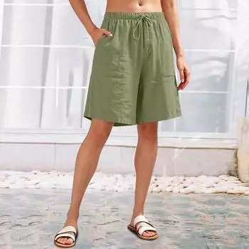 Льняные брюки для женщин с высокой талией, широкие брюки, удобные мягкие шорты, повседневная одежда для отдыха, женские брюки L армия зеленый