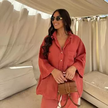 Льняные брюки и рубашки с карманами, женские широкие брюки, комплекты с длинными рукавами, женские свободные наряды из 2 предметов для улицы XL чёрный