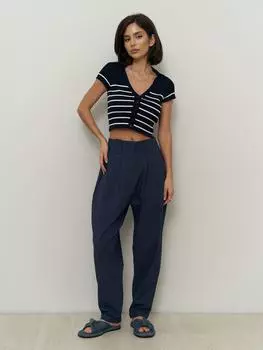 Льняные брюки морковно-синего цвета