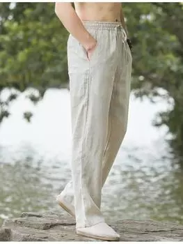Льняные брюки мужские летние дышащие хлопковые конопляные широкие повседневные брюки M синий