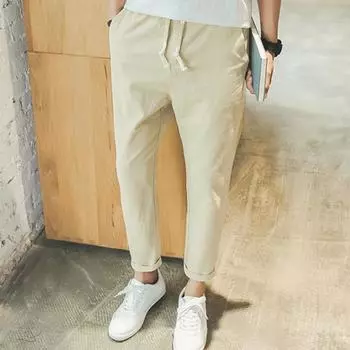 Льняные брюки с девятью точками для студентов мужского пола, корейская версия хлопковых и льняных летних тонких повседневных модных дышащих брюк XXXXXL чёрный
