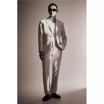 Льняные костюмные брюки узкого кроя HM светло-бежевые