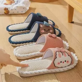 Льняные нескользящие бесшумные домашние тапочки для всех сезонов, унисекс, смесь хлопка и льна Size 44/45