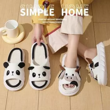 Льняные открытые тапочки Cow Frog Panda, домашние тапочки с толстой подошвой для мужчин и женщин 36-37 чёрный