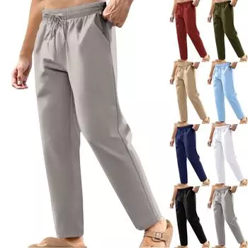 Льняные повседневные брюки мужские с эластичной талией и завязками на шнурке летние брюки для йоги и пляжа S чёрный