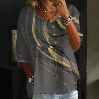 Льняные рубашки для женщин с рукавом 3/4 на пуговицах с V-образным вырезом, летние топы, нарядные повседневные милые рубашки L чёрный