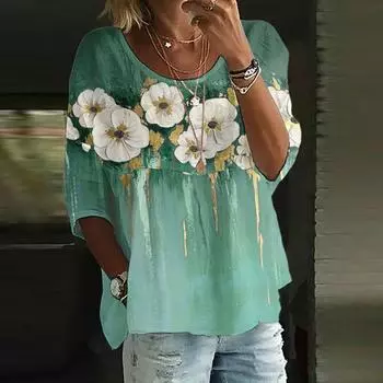 Льняные рубашки для женщин с рукавом 3/4 на пуговицах с круглым вырезом летние топы нарядные повседневные милые рубашки L армия зеленый