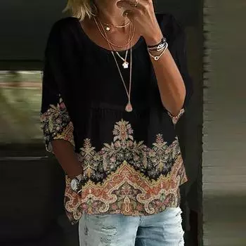 Льняные рубашки для женщин с рукавом 3/4 на пуговицах с круглым вырезом летние топы нарядные повседневные милые рубашки L чёрный