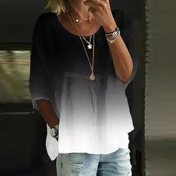 Льняные рубашки для женщин с рукавом 3/4 на пуговицах с круглым вырезом летние топы нарядные повседневные милые рубашки L чёрный