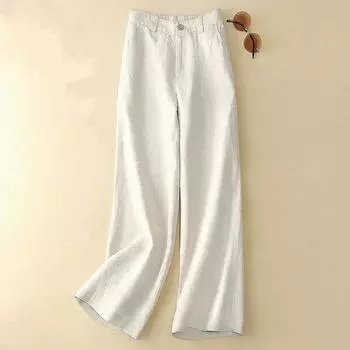 Льняные широкие брюки, летние тонкие повседневные однотонные длинные брюки, женские эластичные свободные брюки с высокой талией, прямые брюки из хлопка и льна XS белый