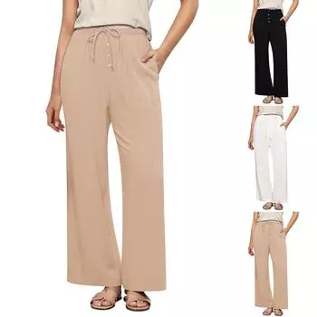 Льняные широкие брюки женские с высокой талией, застегивающиеся на пуговицы, мешковатые повседневные летние брюки-палаццо с карманами L чёрный