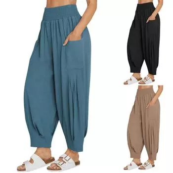 Льняные широкие брюки женские с высокой талией и завязками на завязках, мешковатые повседневные брюки с карманами L чёрный