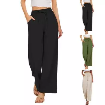 Льняные широкие брюки женские с высокой талией и завязками на завязках, мешковатые повседневные брюки с карманами L армия зеленый