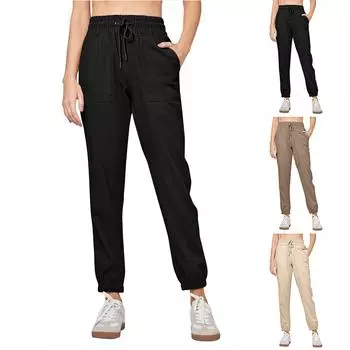 Льняные широкие брюки женские с высокой талией, застегивающиеся на пуговицы, мешковатые повседневные летние брюки с карманами L бежевый