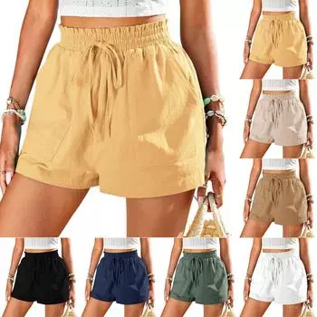 Льняные шорты для женщин, летние повседневные, с высокой талией, широкие, на шнурке, пляжные, свободные шорты, удобные, модные наряды L бежевый