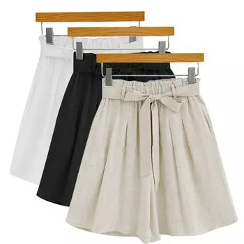 Льняные шорты для женщин, однотонные, свободные, эластичные, с высокой талией, короткие брюки с завязкой на талии, повседневные летние короткие брюки для работы, отпуска, дышащие, тонкие, тонкие, плюс шорты M белый