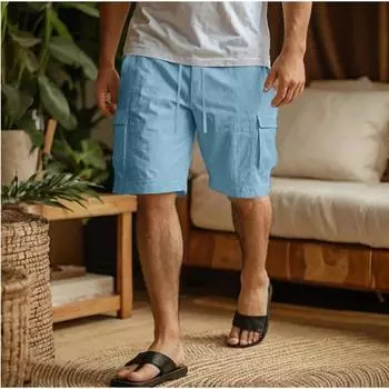 Льняные шорты-карго на кулиске, эластичная талия, прямые штанины, однотонные, дышащие, повседневные пляжные пятиточечные брюки S