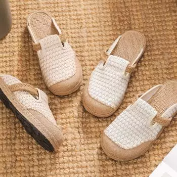 Льняные тапочки Baotou весна/лето 2024 г.: Сшитые вручную туфли в литературном стиле из ткани на плоской подошве 40 бежевый