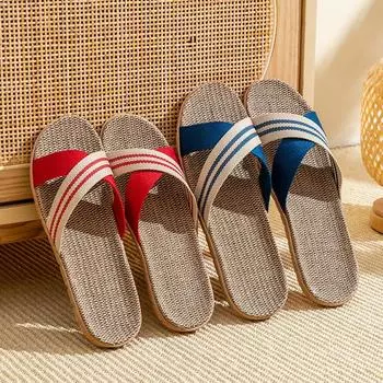 Льняные тапочки для домашнего использования, толстая подошва, сотканная из травы, для летних мужчин и женщин, классные тапочки для домашнего использования, нескользящие и без запаха для использования в помещении 35-36 красный