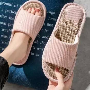 Льняные тапочки для женщин на весну и осень, домашние тапочки из хлопка и льна для домашнего использования, нескользящие тапочки для домашнего использования, летние тапочки для мужчин и пар 36-37 розовый