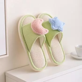 Льняные тапочки, комнатные прохладные тапочки для девочек с рисунком звездной луны, домашние хлопково-льняные тапочки на толстой подошве 36-37 зелёный