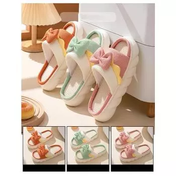 Льняные тапочки женские домашние тапочки Комфортные нескользящие домашние туфли милые банты плоские тапочки парные тапочки 36-37 зелёный