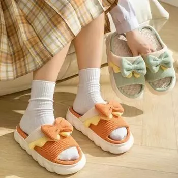 Льняные тапочки, женские домашние тапочки, удобная нескользящая домашняя хлопковая обувь, милые тапочки на плоской подошве с бантом, парные шлепанцы, весна-лето 40-41 зелёный