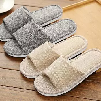 Льняные тапочки женские весна и осень четыре сезона для дома хлопок лен дома нескользящие летние мужские пары 36-37 бежевый