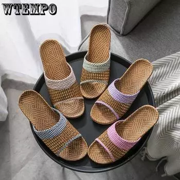 Льняные тканые шлепанцы, женская уличная обувь, летние нескользящие сандалии, домашние дышащие тапочки с мягкой подошвой из ротанговой травы, уличные пляжные шлепанцы 35-36 зелёный