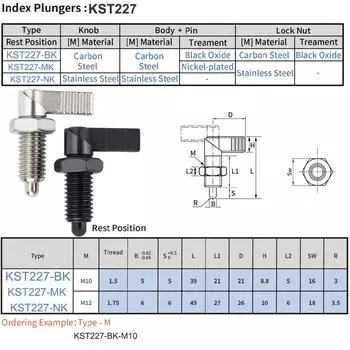 L-образная ручка с круглой головкой, быстрозажимные и отжимные индексные болты, установочные штифты, индексные плунжеры кулачкового действия с рычажными гайками 1pc KST227-BK-M10