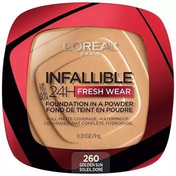 L Oral Paris Makeup Infallible Fresh Wear Foundation Powder входит в комплект, стойкость до 24 часов, водостойкая, цвет слоновой кости 8,8 г, Golden Sun
