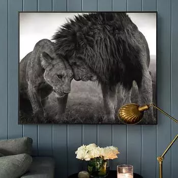 Львы лицом к лицу, черно-белые холсты, художественная живопись, постеры и принты, скандинавские куадросы, настенная картина для гостиной, без рамки 21*30cm