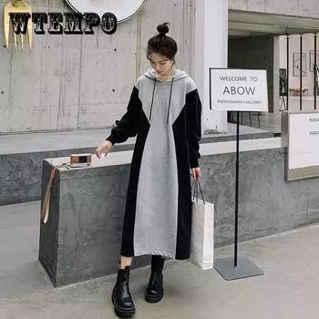 L-XXXXL платье-свитер до середины икры женское весенне-осеннее свободное платье больших размеров с капюшоном и длинными рукавами L чёрный