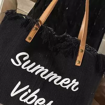 #L Женская Холщовая Сумка-тоут с буквенным принтом, модная сумка на плечо для путешествий на открытом воздухе (черный)