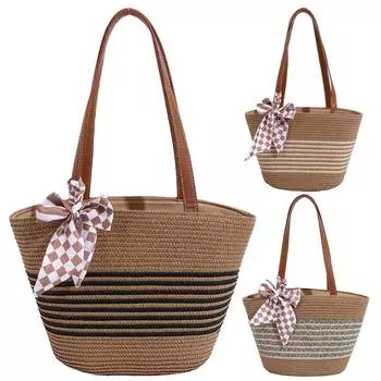 #L Женская соломенная сумка-тоут с бантом Винтажная сумка на плечо Женская летняя повседневная сумка Ba Black