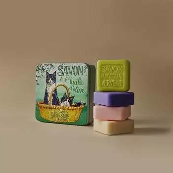 La Savonne Lid Nion Французское натуральное мыло Большая жестяная коробка 4P (100 г*4) Упаковка, Парфюмированное мыло_Кот в корзине (33566), 100г