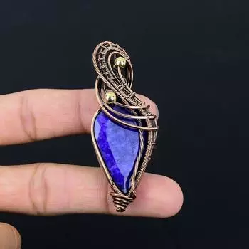 Подвеска из искусственного синего сапфира ручной работы из чистой медной проволоки для женщин 2.76 Inches синий