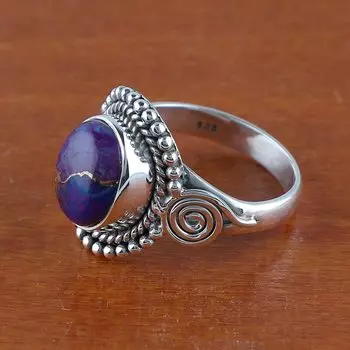 Кольцо ручной работы из чистого серебра 925 пробы с фиолетовым медно-бирюзовым драгоценным камнем, рождественские украшения, кольца для женщин 6