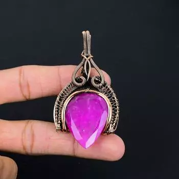 Выращенный в лаборатории рубиновый драгоценный камень, ручная работа, чистая медная проволока, подвеска, ювелирное изделие для женщин 2.95 Inches розовый