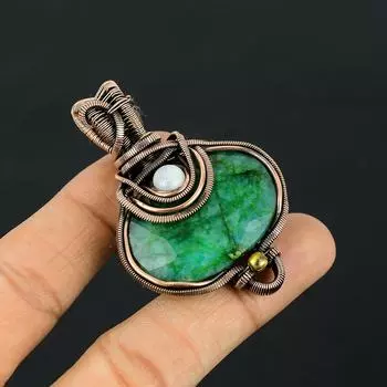Lab-CreatedEmerald Gemstone Медная проволока Wrap Handmade Подвеска Ювелирные изделия Свадебный подарок 2.44 Inches зелёный