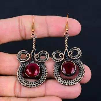 Лабораторные серьги с рубином и драгоценным камнем ручной работы из чистой медной проволоки, обернутые ювелирными изделиями 2.56 inches красный