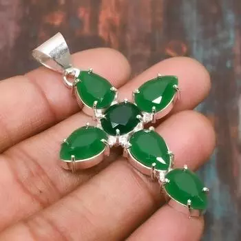 Лабораторный изумрудный драгоценный камень ручной работы из стерлингового серебра 925 пробы ювелирный крест кулон для женщин 2.56 Inches зелёный