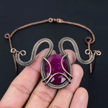 Лабораторный рубиновый драгоценный камень из чистой медной проволоки, обернутый вручную, ожерелье, ювелирные изделия 18 Inches розовый