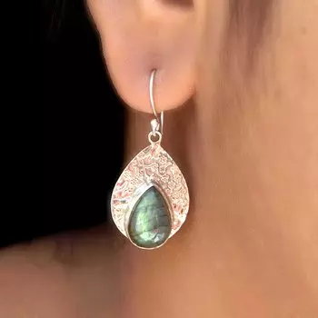 Лабрадорит 925 Серебряные серьги с цветочной текстурой, серьги ручной работы с грушевым камнем, подарок для нее серый