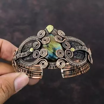 Лабрадорит Браслет-манжета Медная проволока Обернутый браслет Ювелирные изделия из драгоценных камней Регулируемый браслет-манжета Браслеты ручной работы Медные украшения Подарок для него