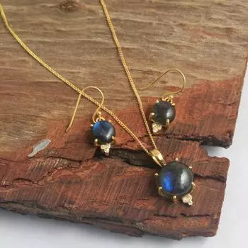 Лабрадорит Циркон Женщины Подвеска Серьги Ожерелье Набор 100% Стерлингового Серебра 925 Пробы Желтое Золото Покрытие Ювелирные Изделия жёлтый/золотой