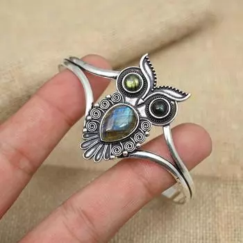 Лабрадорит Драгоценный камень 925 Твердые серебряные украшения Замечательные манжеты Ювелирные изделия Браслет Регулируемый 8 Inches синий