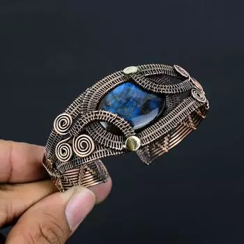 Лабрадорит, драгоценный камень, чистая медная проволока, манжеты/браслет ручной работы, регулируемые ювелирные изделия Adjustable синий