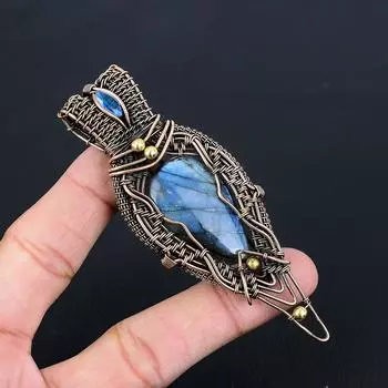 Лабрадорит Драгоценный камень Чистая медная проволока Обернутая ювелирная подвеска ручной работы 3.74 Inches синий